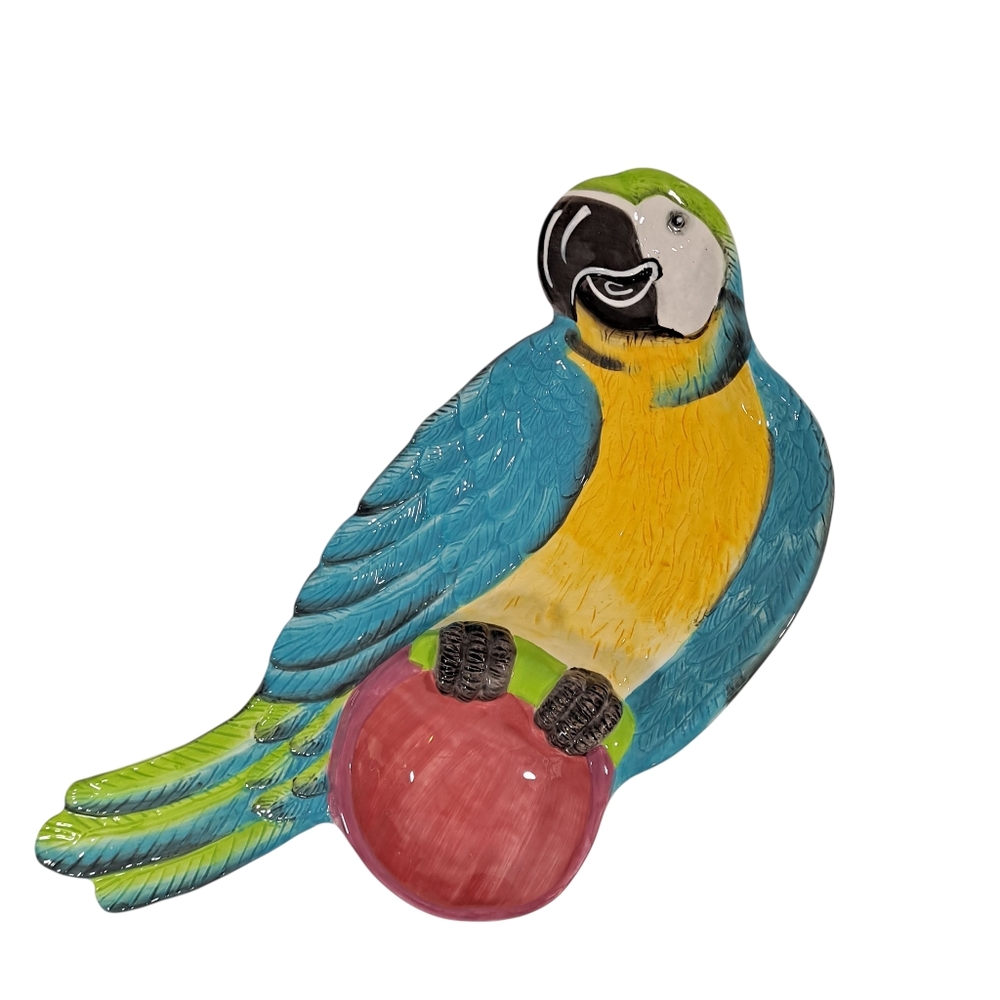 LivingQuarters Ceramic Parrot Chip And Dip Platter NOB